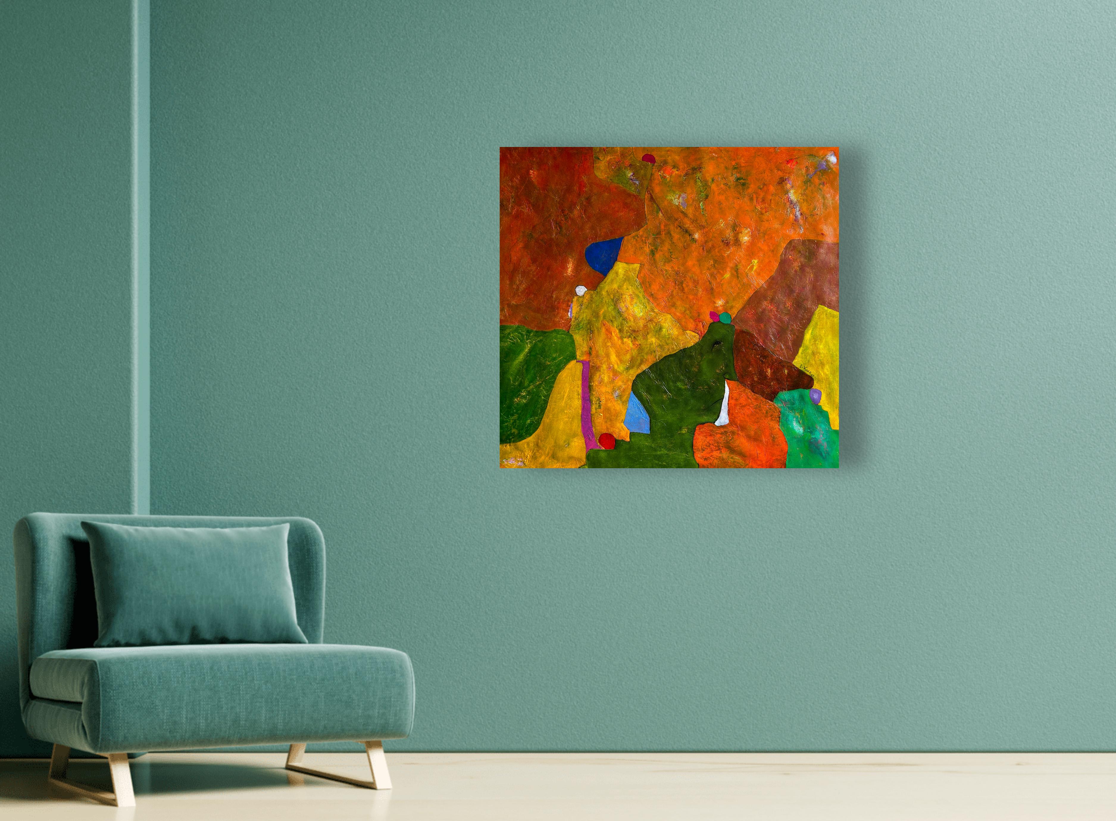 Pittura a olio astratta contemporanea in arancione, giallo e verde, 
