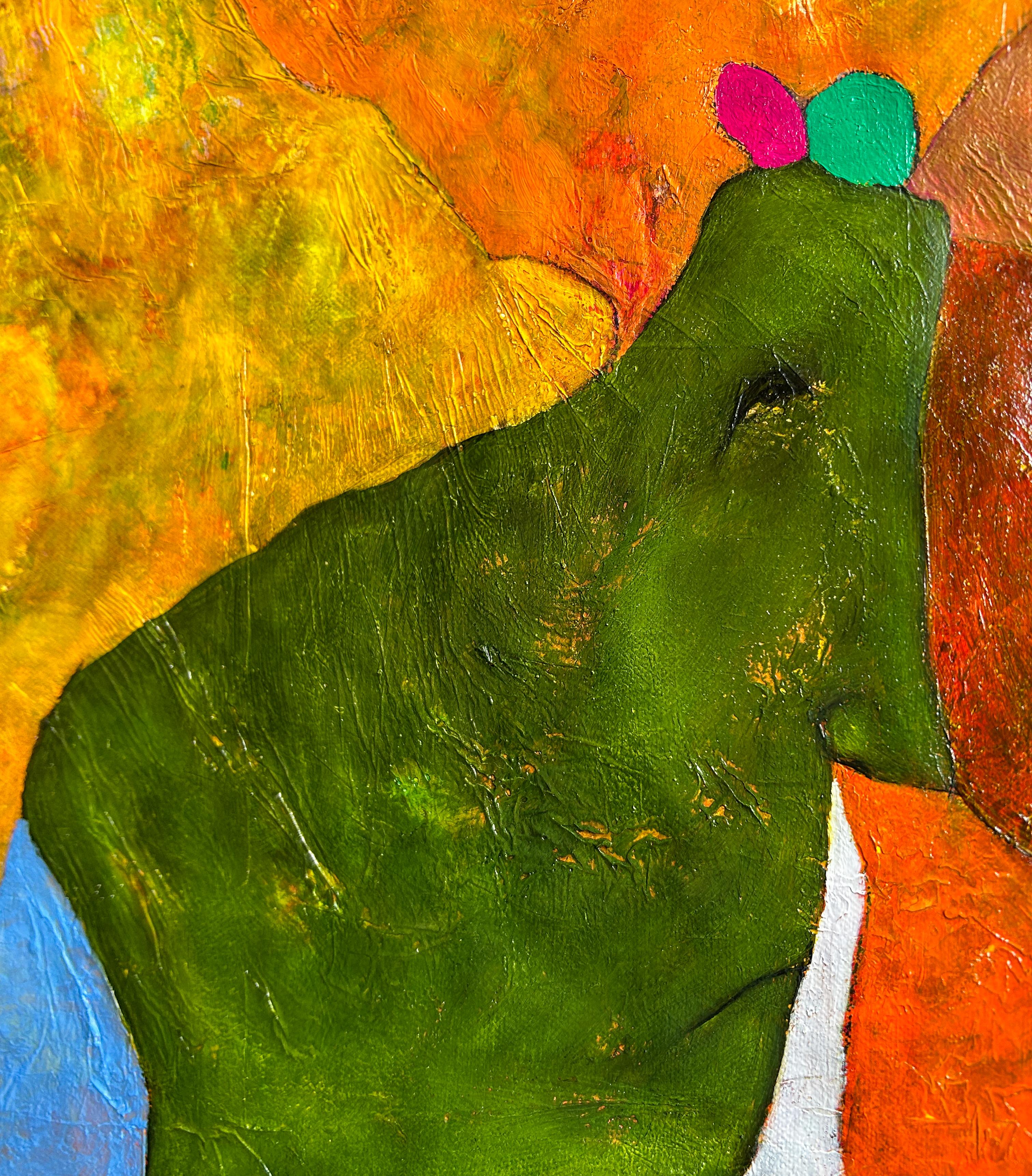 Pittura a olio astratta contemporanea in arancione, giallo e verde, 