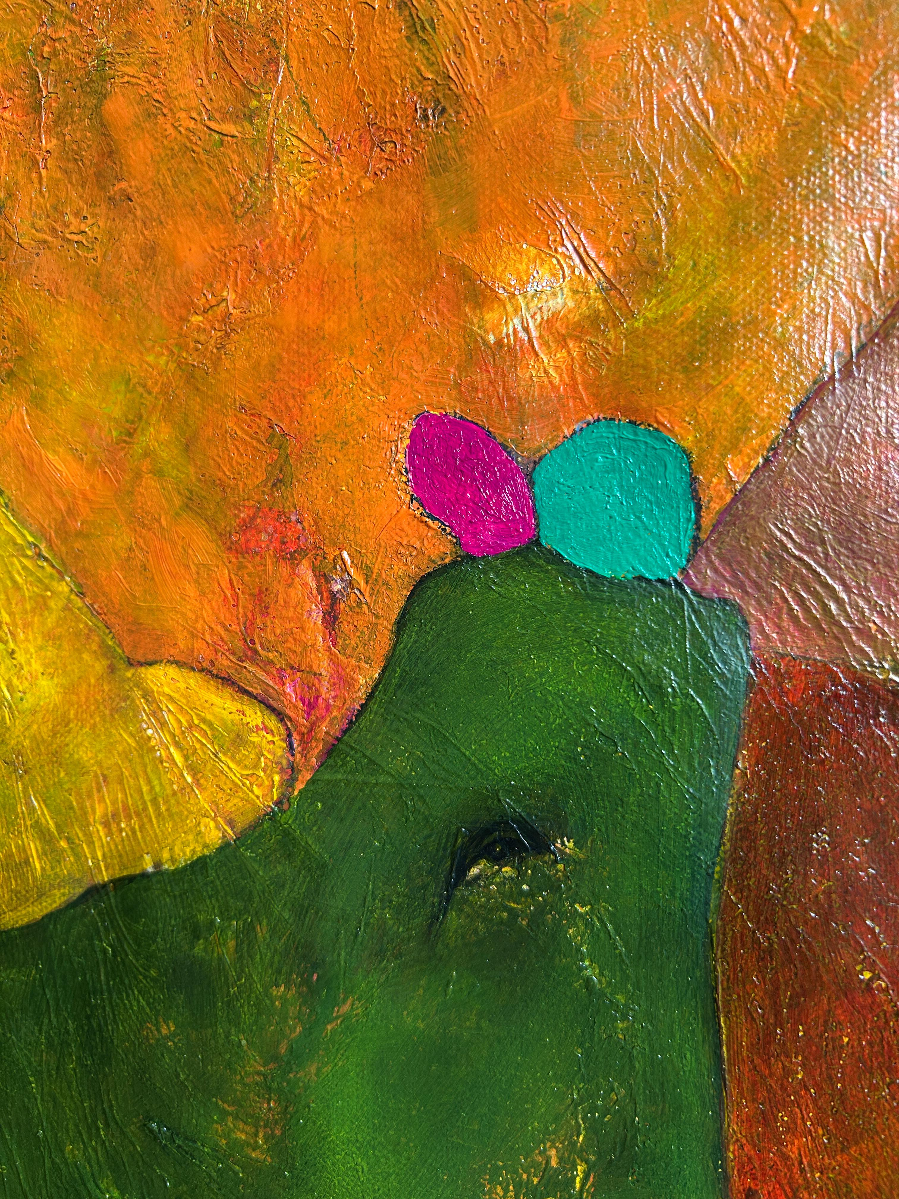 Questo dipinto astratto fa parte di una serie in cui esploro le relazioni cromatiche tra colori e toni, ispirandomi all'arte e all'estetica delle culture Pre-Columbian. In uno stile astratto contemporaneo, l'opera è realizzata con una tavolozza di