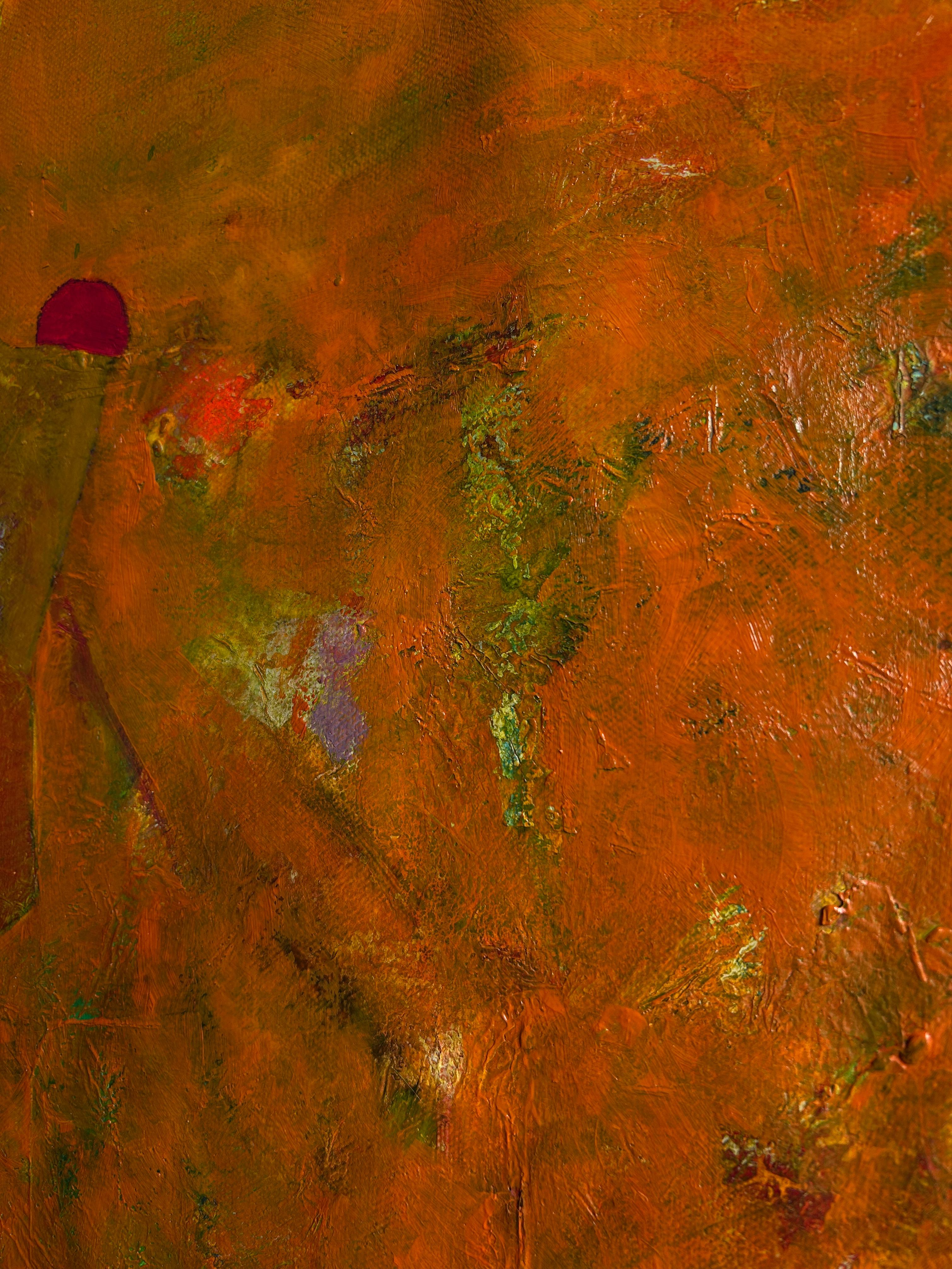 Pittura a olio astratta contemporanea in arancione, giallo e verde, 
