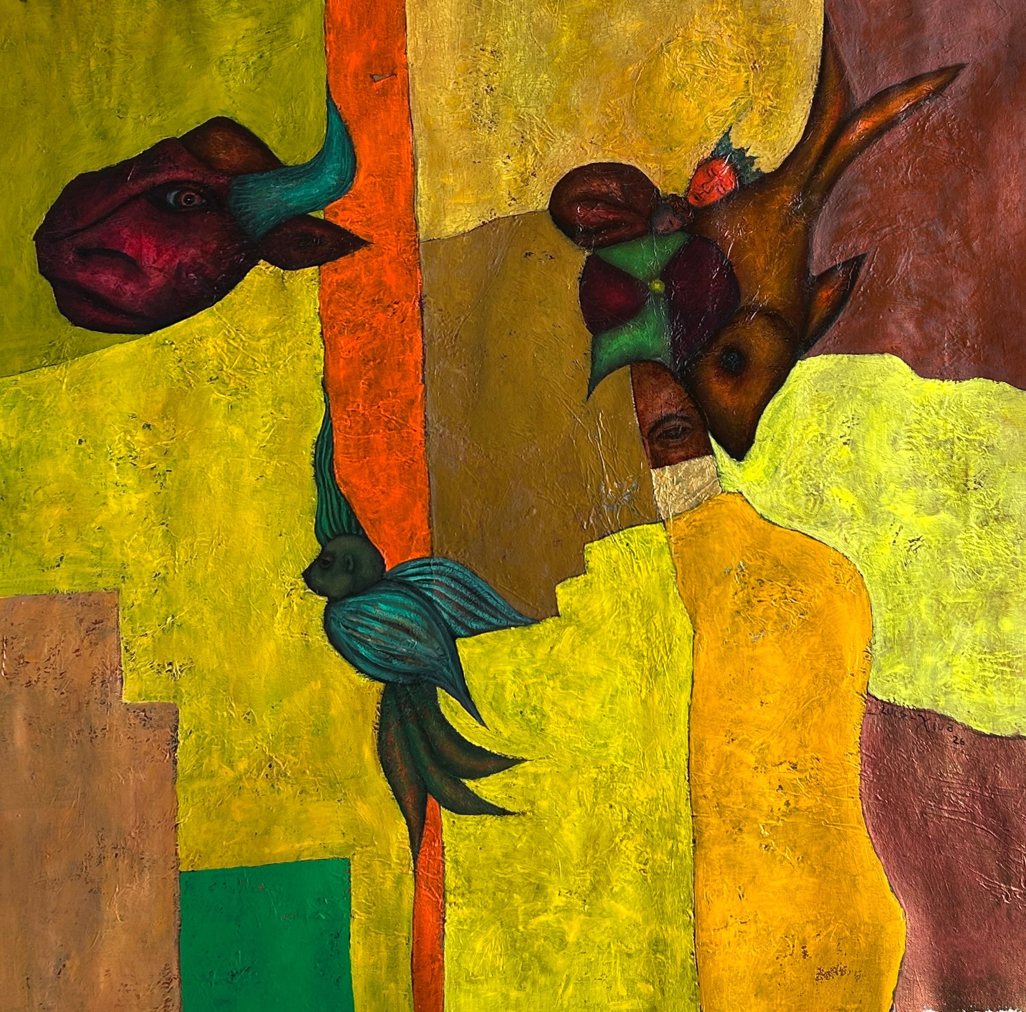 „Yellow Dream“ – Ölgemälde auf Leinwand, abstrakte geometrische Komposition