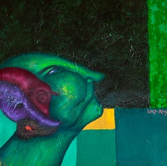 « Figure verte et mystère », peinture à l'huile, art contemporain, 36 x 36 cm
