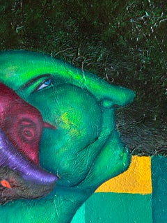 « Figure verte et mystère », peinture à l'huile, art contemporain, 36 x 36 cm