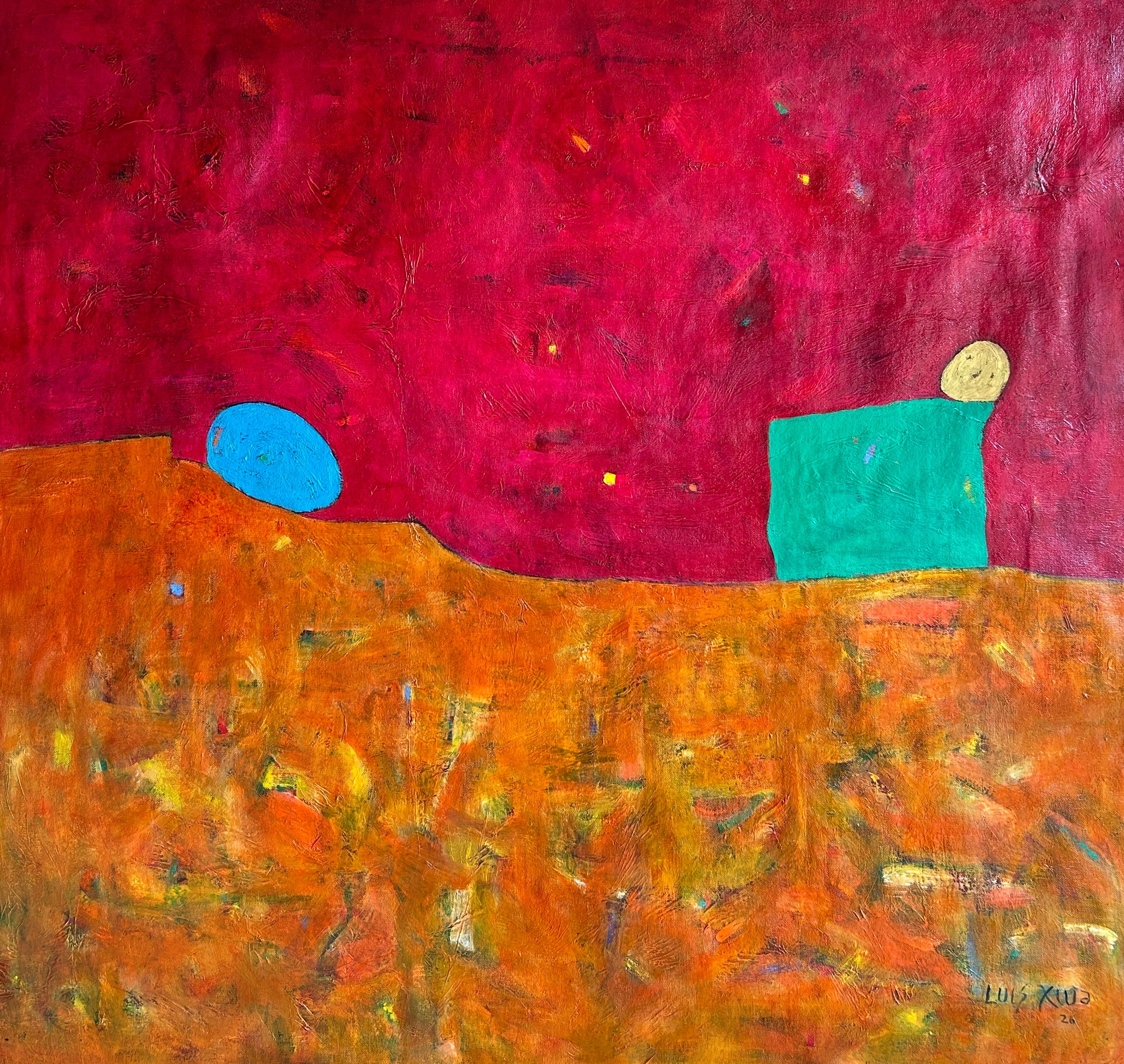 Luis Alexander Rodríguez (Ie-Xiua) Interior Painting - Exodo 2, Abstract Oil Painting on Canvas, Signed 31 x 30 Inches