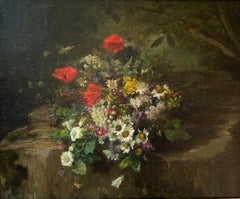 Peinture française COUDER Fleurs des champs Coquelicots Marguerites Peintre de salon XIXe siècle