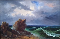 Romantic French marine painting Rocky Sea Tempest DUTAC Lorrain painter mid 19th