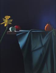 Still life with daffodil, egg, plum, and tangerine