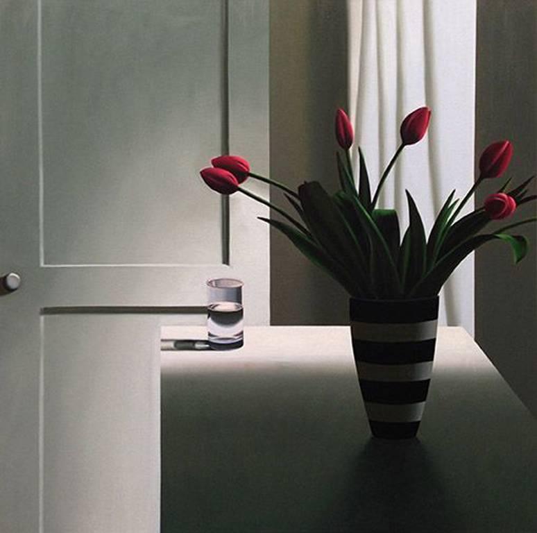 Bruce Cohen Still-Life Painting - Interior with striped vase, pink tulips and glass of water