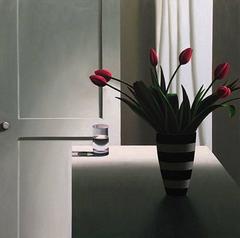 Interior with striped vase, pink tulips and glass of water