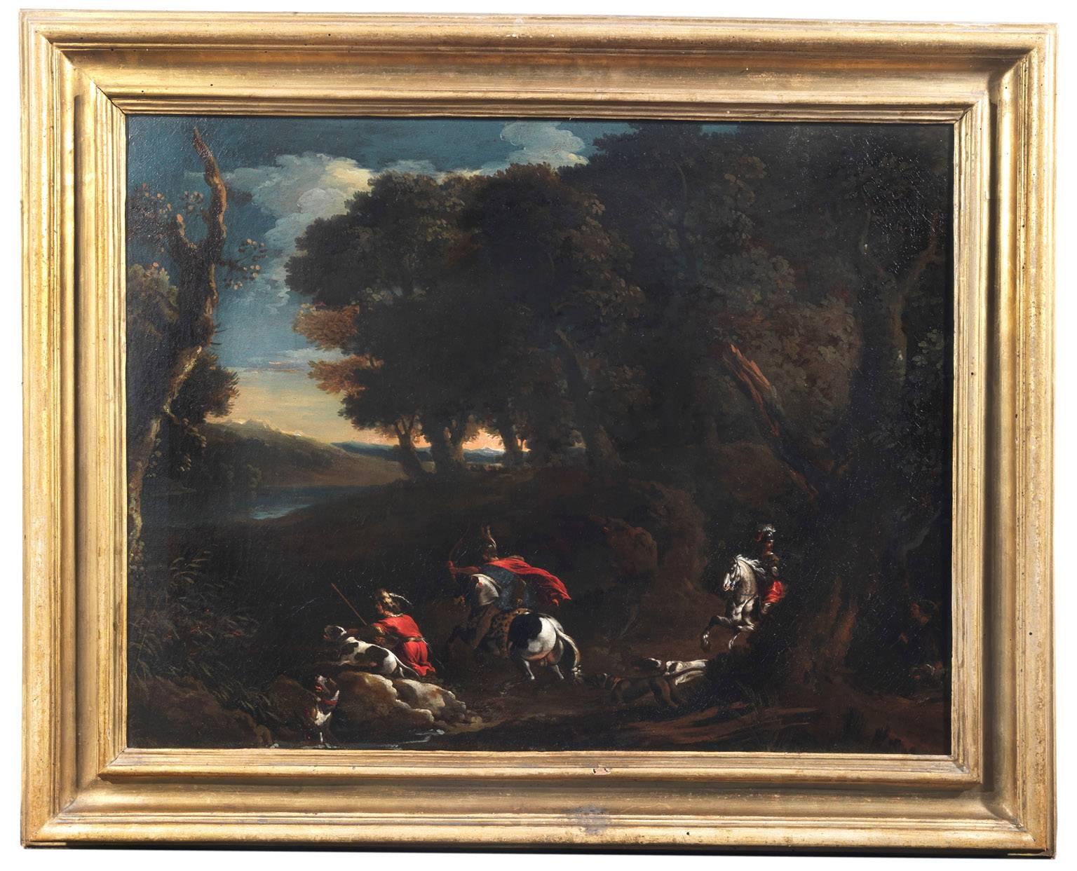 Painting of landscape with hunting scene