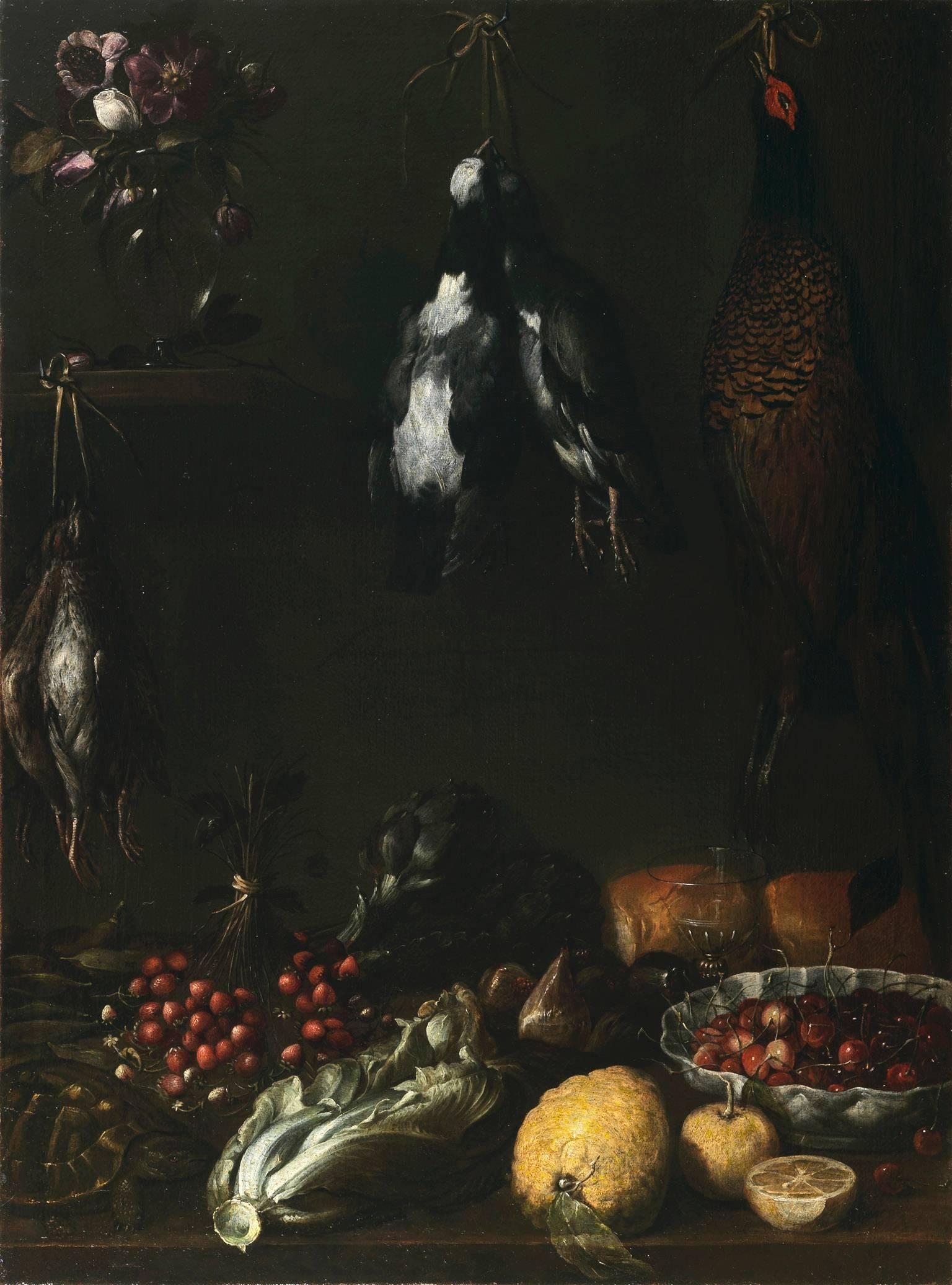 Unknown Still-Life Painting - Still life with game, fruit vegetables glass jar and turtle