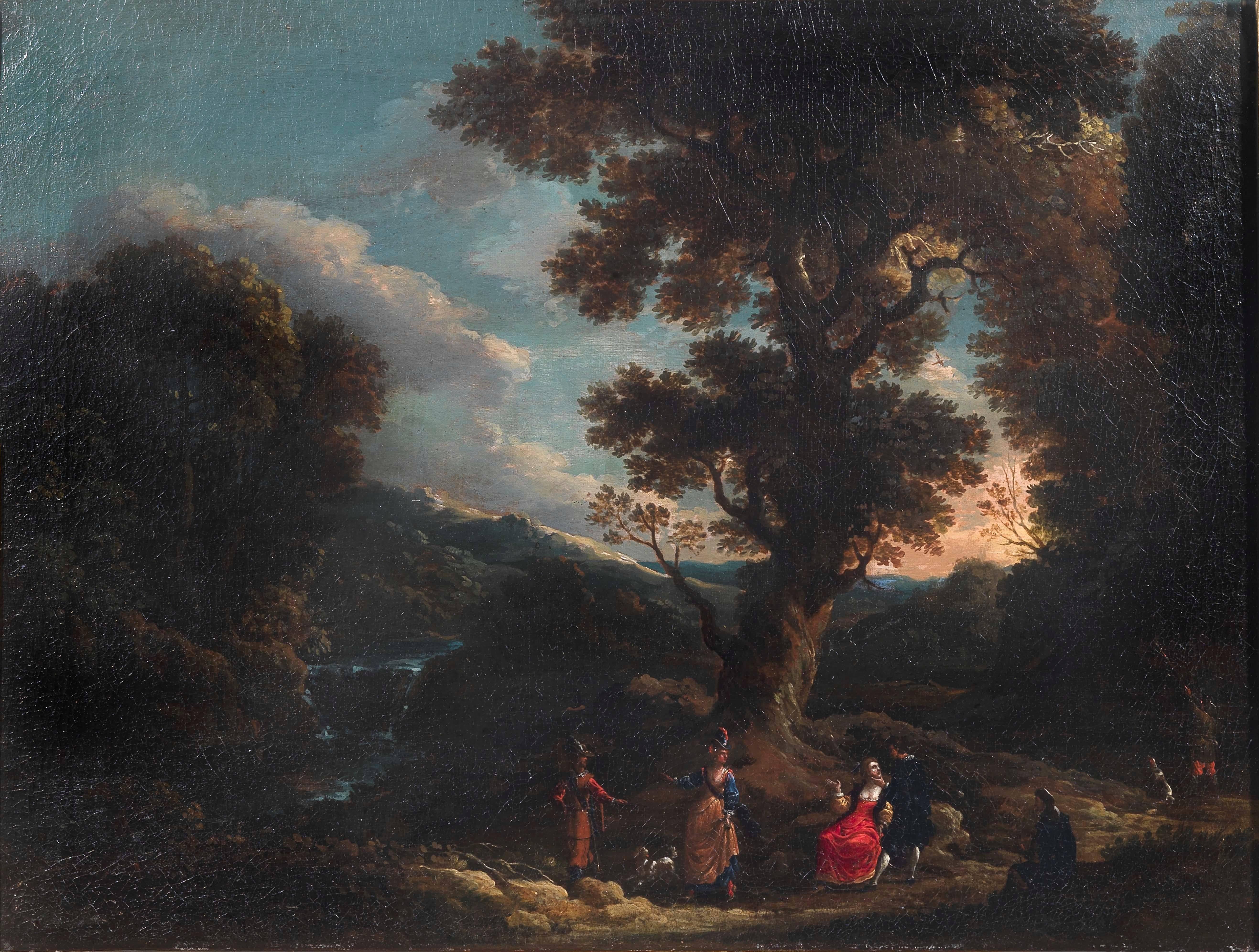 Filippo Napoletano Landscape Painting - Painting of landscape with figures in the foreground , dogs and hunter