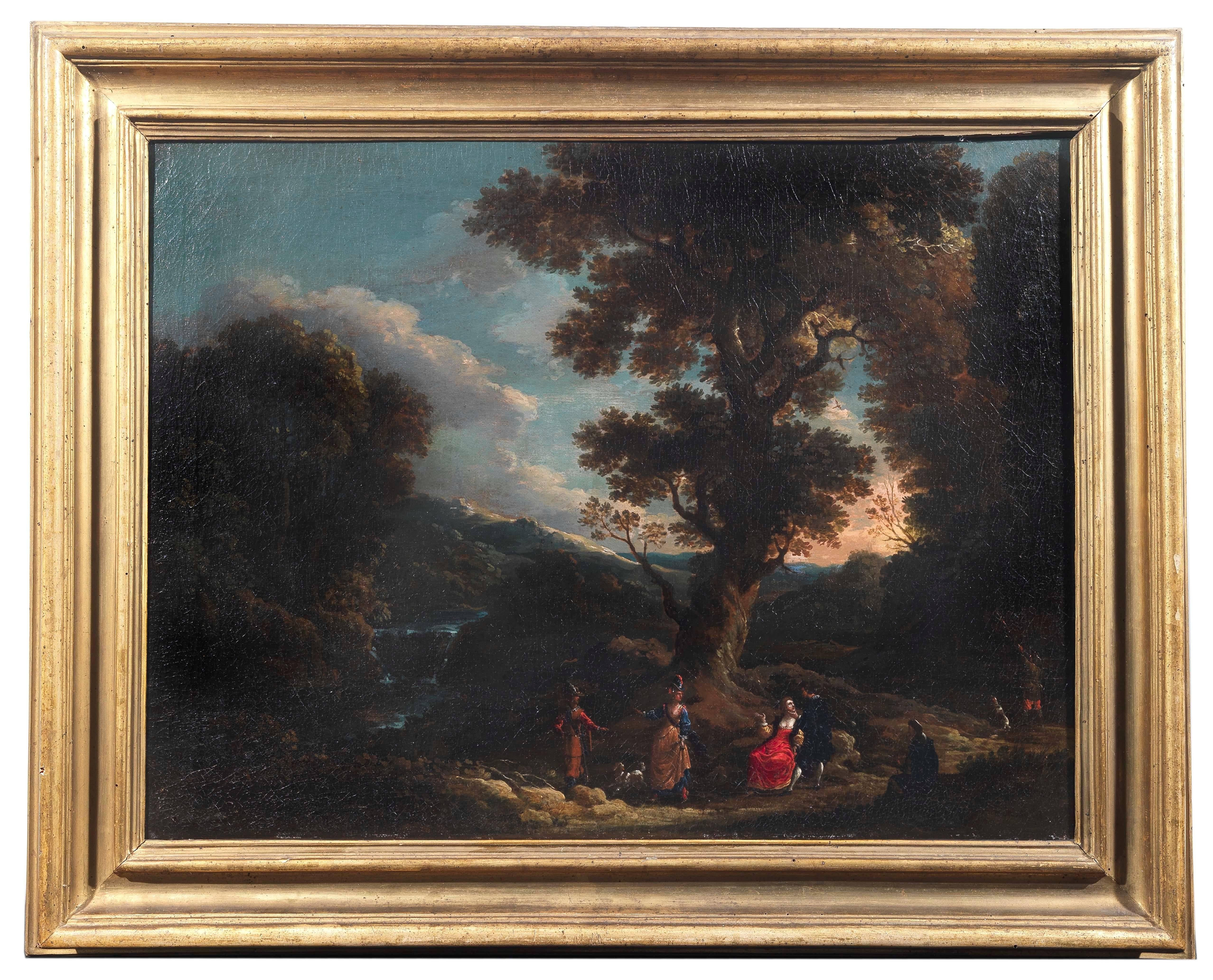Painting of landscape with figures in the foreground , dogs and hunter For Sale 1