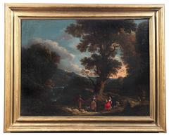 Painting of landscape with figures in the foreground , dogs and hunter
