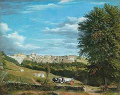 Oil painting on canvas depicting landscape with background of the bridge of Aric