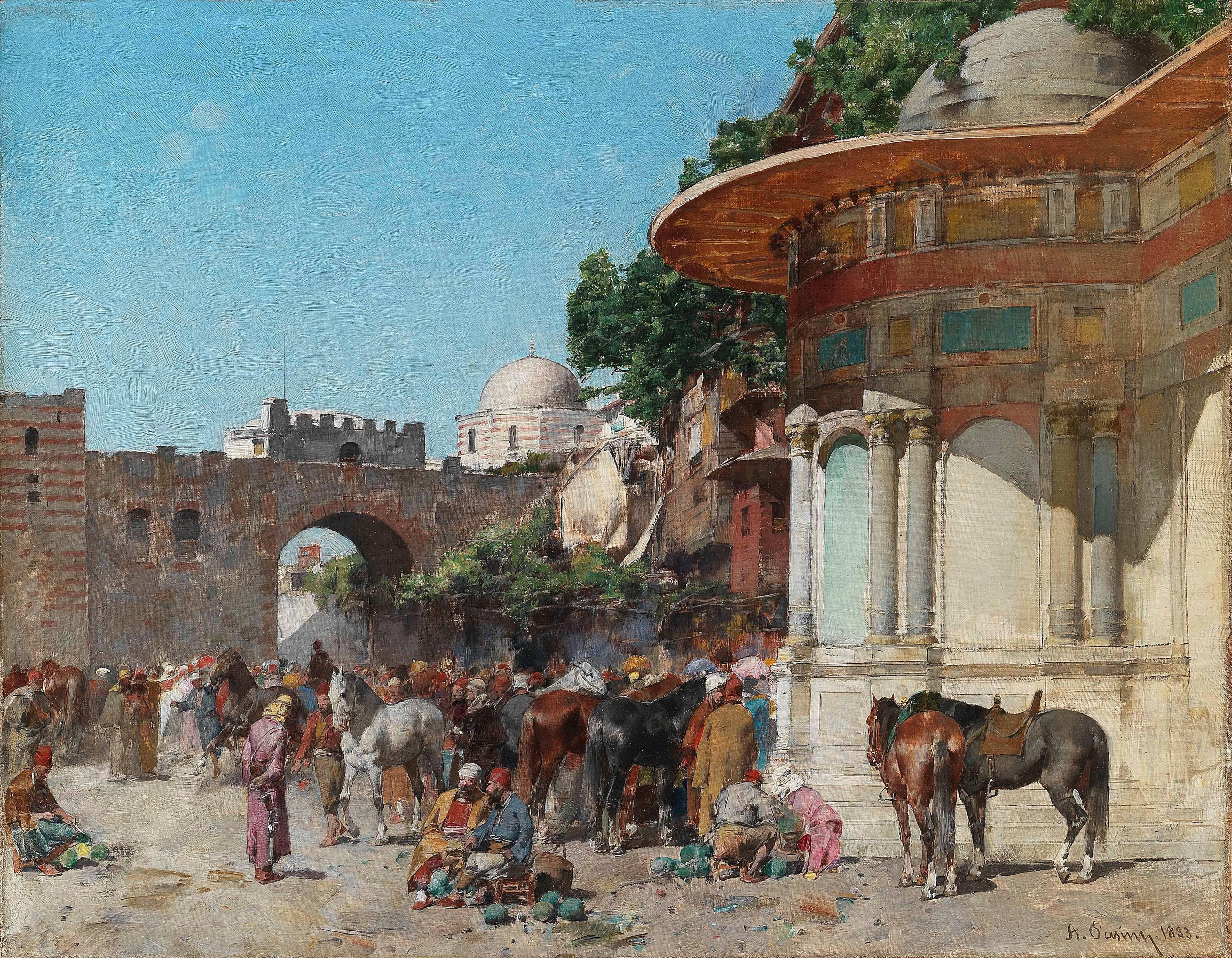 Alberto Pasini Landscape Painting - A market day in Constantinople
