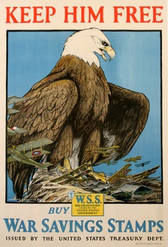 Poster originale d’epoca della Prima Guerra Mondiale “Keep Him Free” con i francobolli di risparmio di guerra, realizzato da Livingston Bull