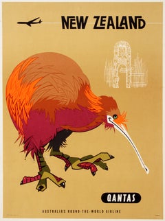 Cartel original de Qantas - Kiwi de Nueva Zelanda, de alrededor de 1960, obra de Harry Rogers
