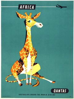 Original Vintage Qantas - Africa Giraffe Poster c1960 by Harry Rogers