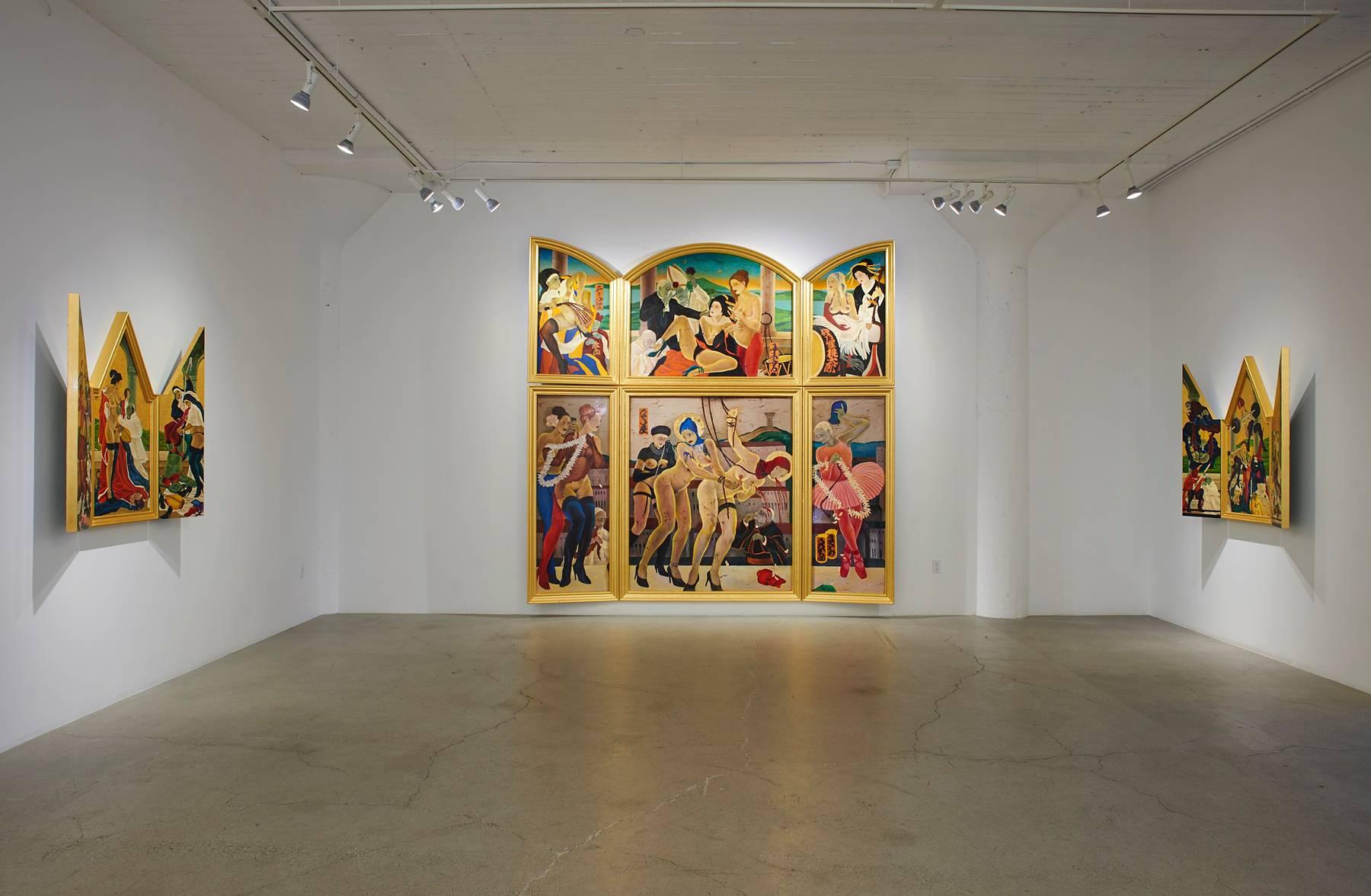 Oil on panel in gold-leaf frame.

In his most recent narrative portrayals on abusive power, female empowerment, and social and political injustices, Masami Teraoka creates work that is both sardonic and impishly humorous. This forms Teraoka’s