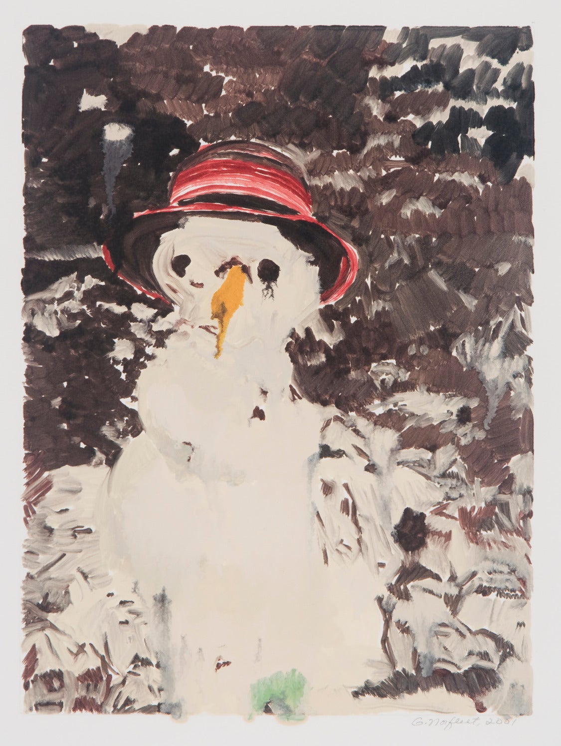 Gail Norfleet Still-Life Print - Snowman with Red Straw Hat