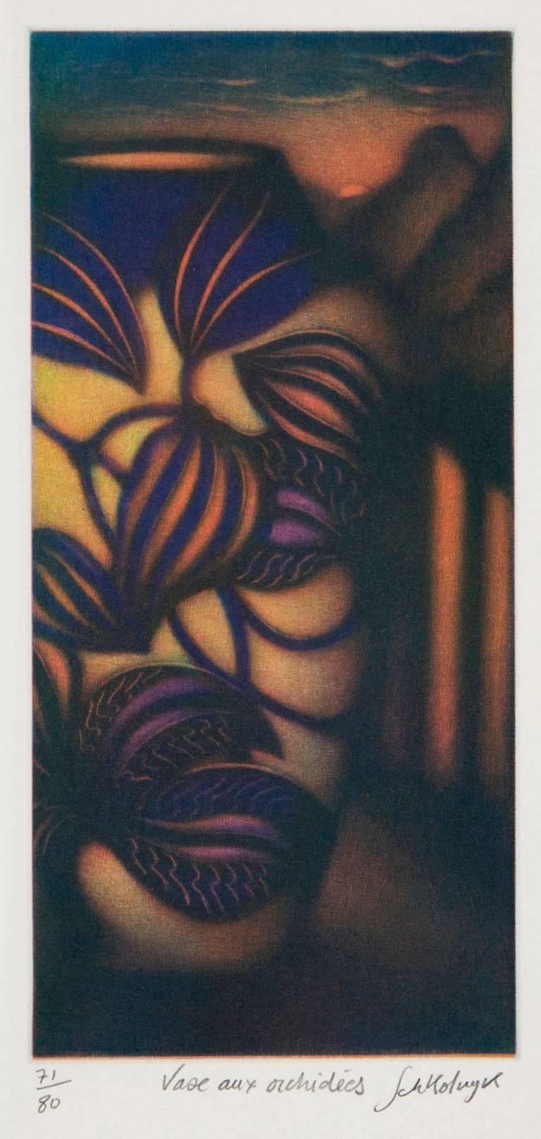 Les Orchidées, Vase aux Orchidées (Art déco), Print, von Laurent Schkolnyk