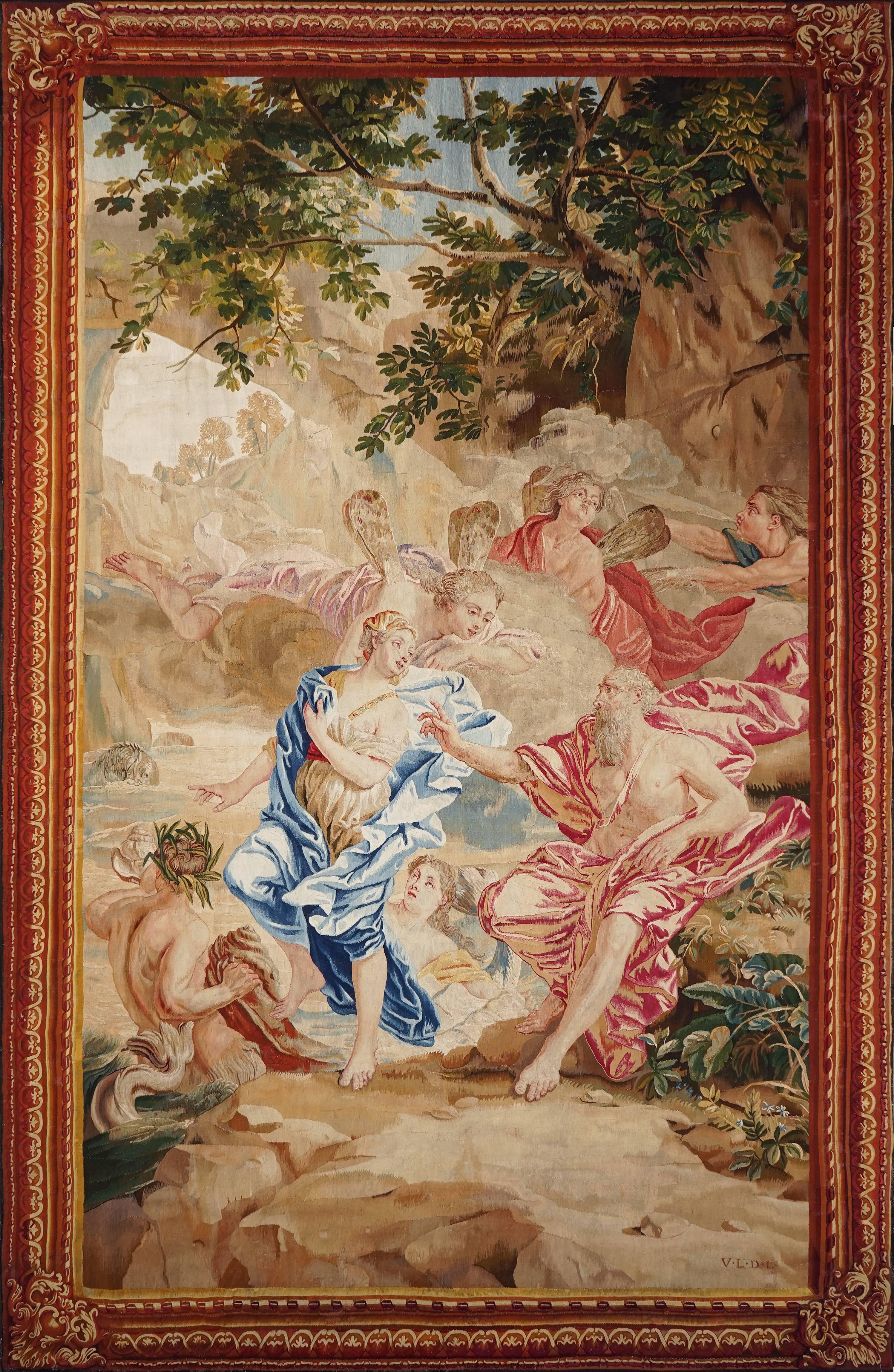 Louis XIV - Antique Rare Tapestry - History of Neptune - Mixed Media Art by Albert Auwercx