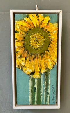 Contemporary Sunflower Still Life Painting, Oil on Board, Framed