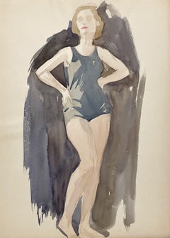 A Stylish 1930s Art Deco-Era Figure Study Watercolor, Standing Female Bather
