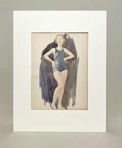 A Stylish 1930s Art Deco-Era Figure Study Watercolor, Standing Female Bather