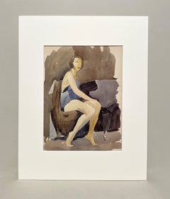 A Stylish 1930s Art Deco-Era Figure Study Watercolor, Seated Female Bather