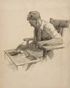 An Introspective 1930s American Modern Drawing, Young Male Artist in His Studio