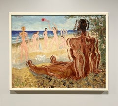 An Compellng 1950s Mid-Century Modern Oil, Standing Male Nude, "Departure"