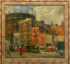 Un grande dipinto in stile realismo sociale moderno degli anni ’50 che raffigura New York City, intitolato “East Harlem”
