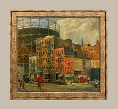 Un grande dipinto in stile realismo sociale moderno degli anni ’50 che raffigura New York City, intitolato “East Harlem”