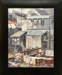 Un óleo estadounidense de los años 50, de estilo «Mid-Century Modern» y realismo social: «Patios traseros de bloques de viviendas»