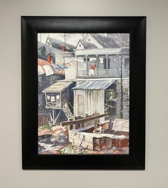 A 1950s American Mid-Century Modern Social Realist Oil, Tenement Backyards