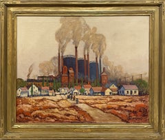 Una gran y dinámica escena industrial de estilo realista social moderno de los años 30, en Marktown, Indiana