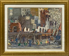 Una animada escena callejera de Nueva York de los años 50, de estilo «mid-century modern» y realismo social
