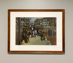 A Charming 1940s American Modern Watercolor of Children Playing Marbles