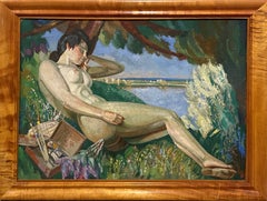 Un magnifico e imponente dipinto paesaggistico in stile Art Déco degli anni ’20, raffigurante un nudo femminile sdraiato