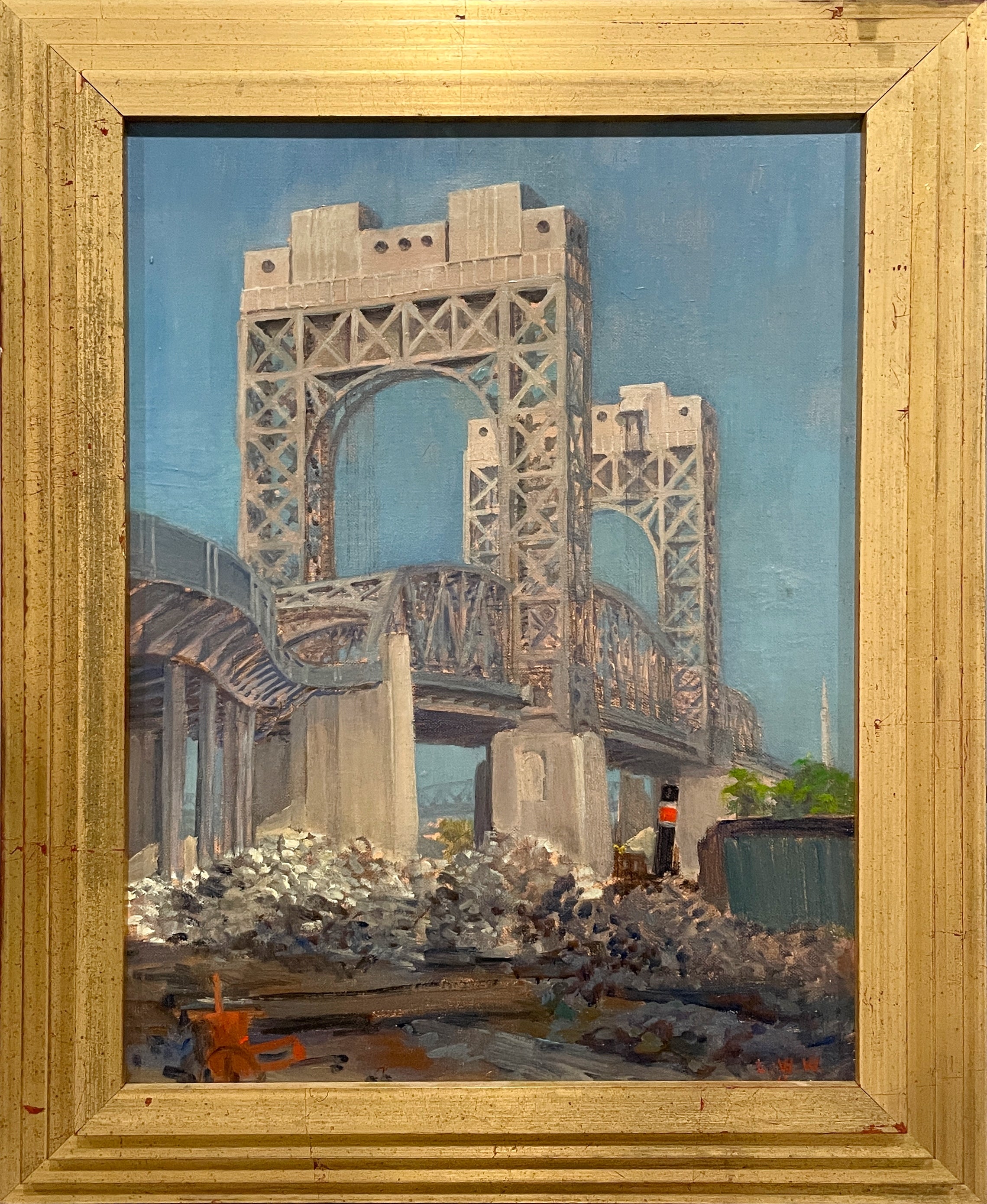 Lessing Whitford Williams Landscape Painting - A Machine Age Modern Painting, Harlem River Lift Span, Triborough Bridge, NYC