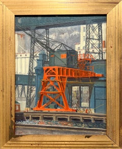 A Machine Age Modern Industrial Scene Painting of a New York City Shipping Crane