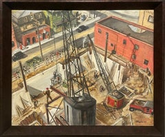 A 1950s Mid-Century Modern City Street & Construction Scene, Pennsylvania Artist