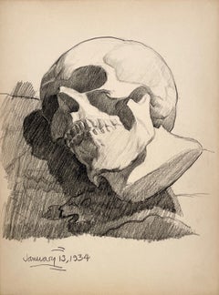 A Gothic Inspired 1930s American Modern Drawing of a Human Skull, "Momento Mori"