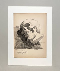 A Gothic Inspired 1930s American Modern Drawing of a Human Skull, "Momento Mori"