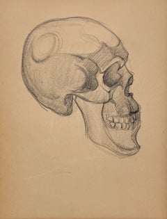A Large Gothic Themed 1930s American Modern Drawing, Human Skull- Momento Mori