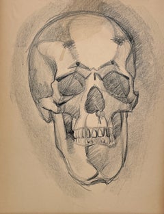 A Large Gothic Themed 1930s American Modern Drawing, Human Skull- Momento Mori