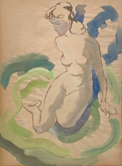 A Large, Colorful 1920s Art Deco-era Watercolor, Seated Female Nude Bather