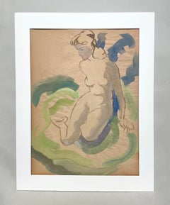 A Large, Colorful 1920s Art Deco-era Watercolor, Seated Female Nude Bather